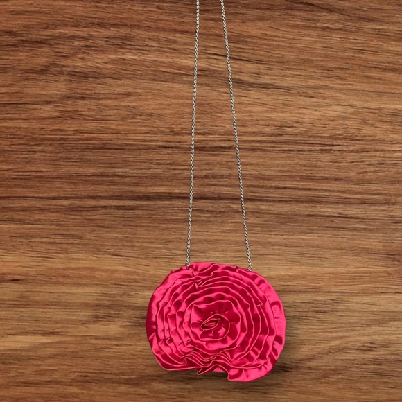 Hot Pink Satin Evening Bag w/ Detachable Silver Chain Shoulder Strap (24” Drop) - Picture 7 of 11